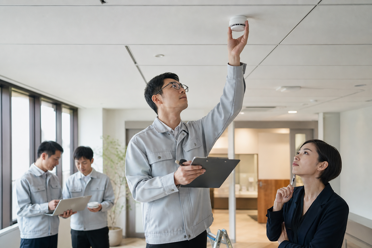 Taiwanese business professionals checking smoke detectors at home with data-flow monitoring cues