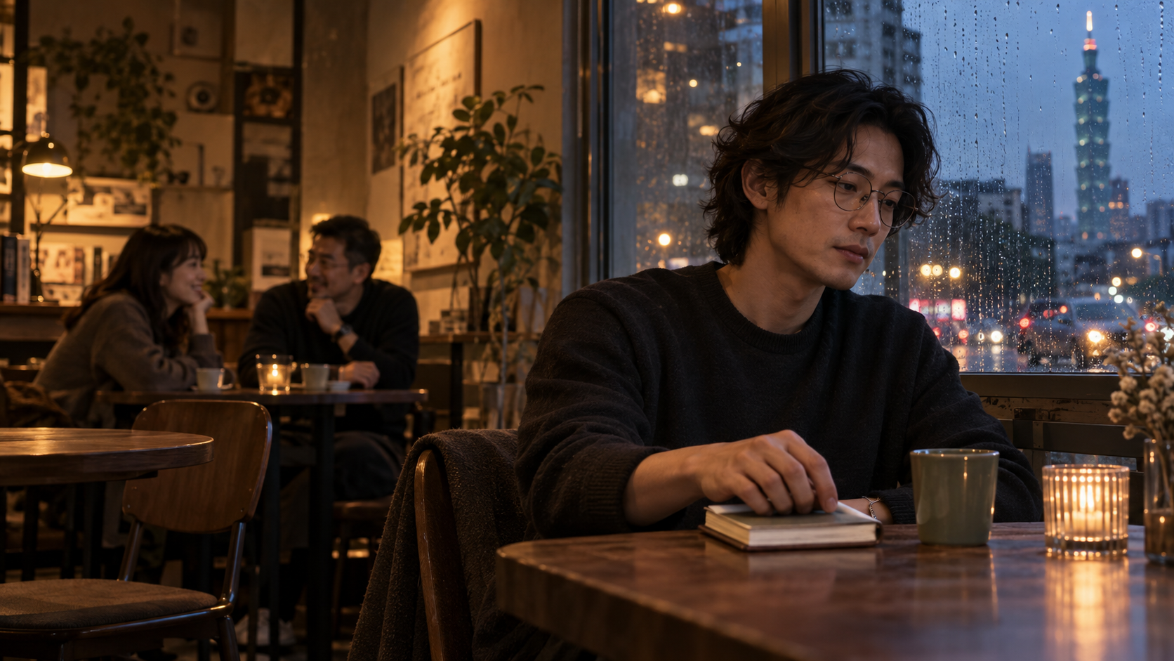 台北雨夜咖啡店,一名台灣男子坐在窗邊合上筆記本,遠處朋友交談的 AI 失戀情境示意圖。