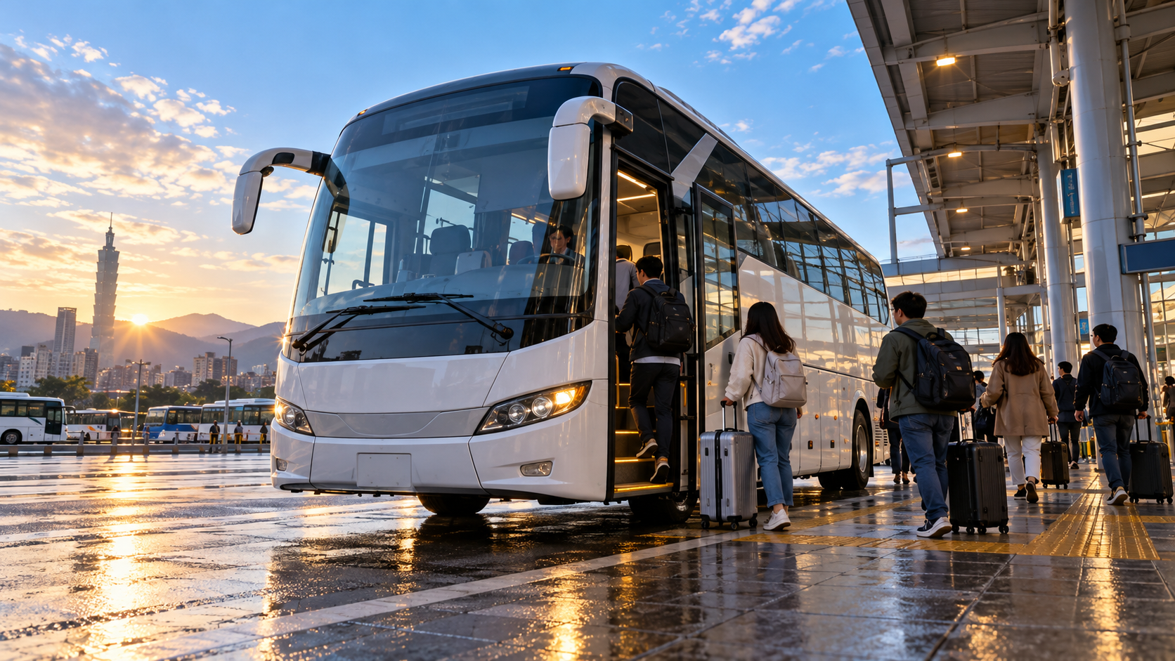 旅客在客運站月台登上長途巴士;AI 生成新聞情境示意圖。