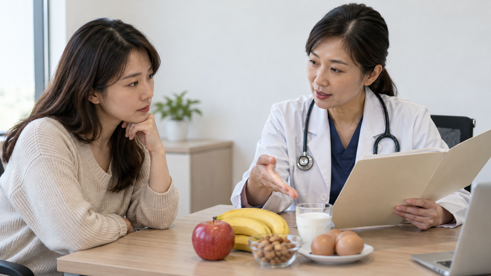 醫師與民眾在診間討論食物及症狀紀錄;AI 編輯示意圖。