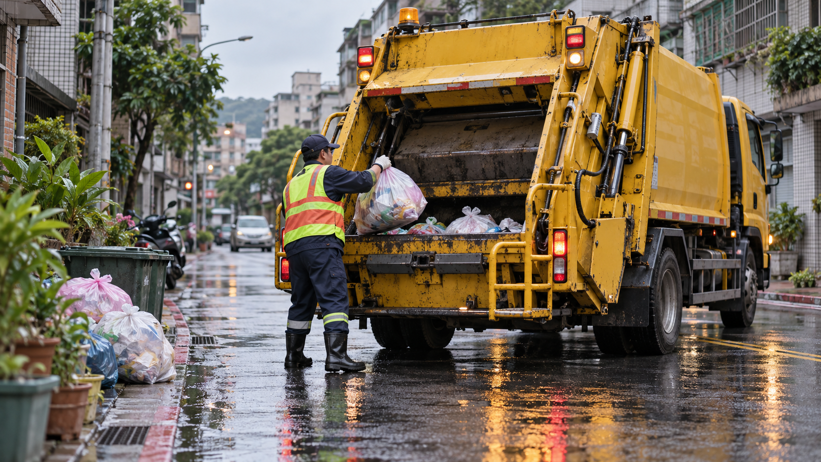 雨後街道的垃圾清運情境;AI生成,非10/24任何縣市實際出車紀錄。