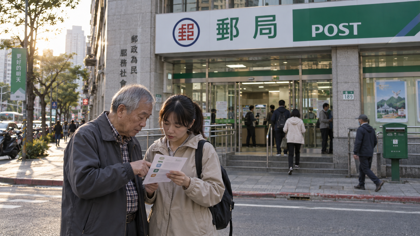 長輩與家人在郵局外核對普發一萬元可能的領款管道,AI 情境示意;非實際申領畫面