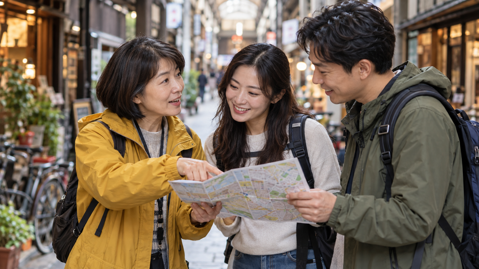 穿芥黃色外套的在地嚮導,在日本有頂商店街向兩名旅客說明地圖;日本地陪帶路情境示意圖,人物與場景不代表特定平台或實際服務。