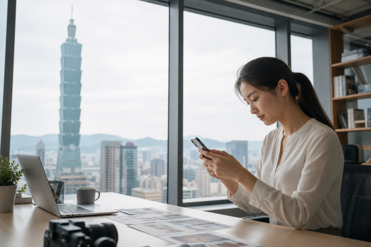Editorial hero image showing Taiwanese or East Asian business workers in an office environment interacting with iPhones and digital storage interfaces symbolizing iCloud and device storage differences in a realistic data flow and workplace context