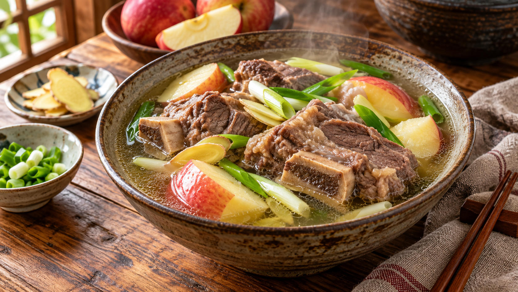 餐桌上的牛肋排蘋果湯與食材;AI 情境示意
