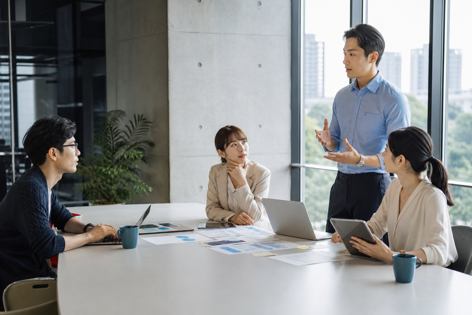 Realistic Taiwanese business team collaborating with data flow graphics, illustrating communication and cooperation dynamics in a professional office environment