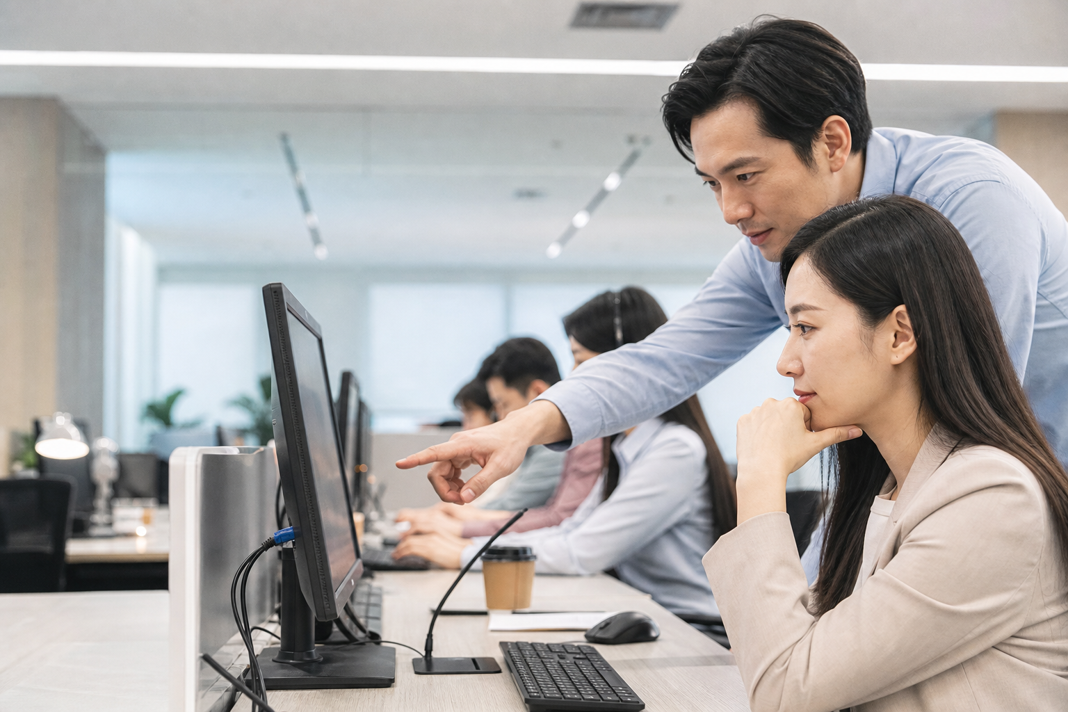 Image showing Taiwanese business professionals verifying online merchant information and return policies in a realistic office setting with data-flow elements for a URAI Radar article.
