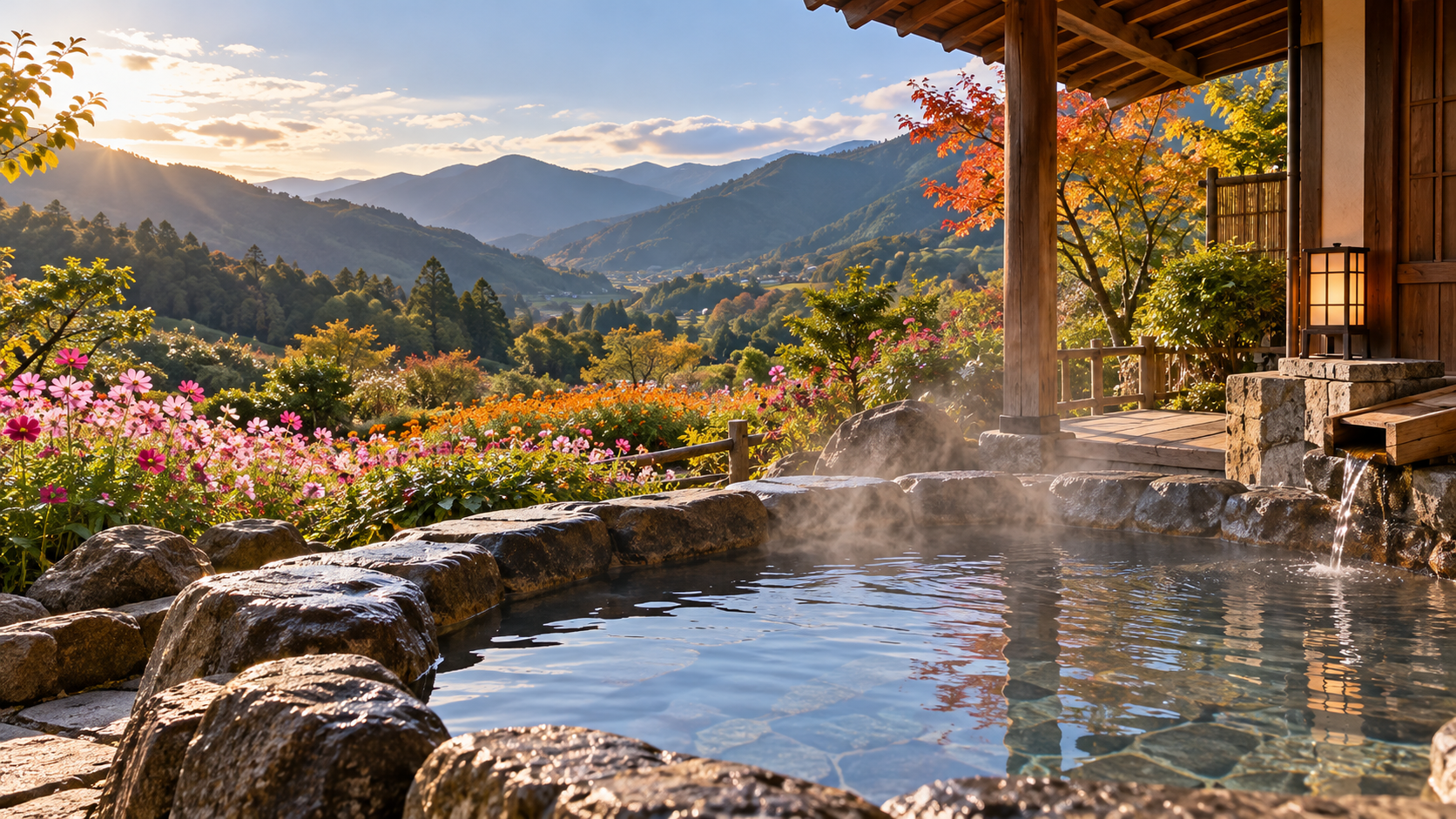 山景與花園旁的戶外溫泉池及木造住宿露台;山居住宿、賞花與泡湯的小旅行情境示意;非活動會場或特定民宿實景。